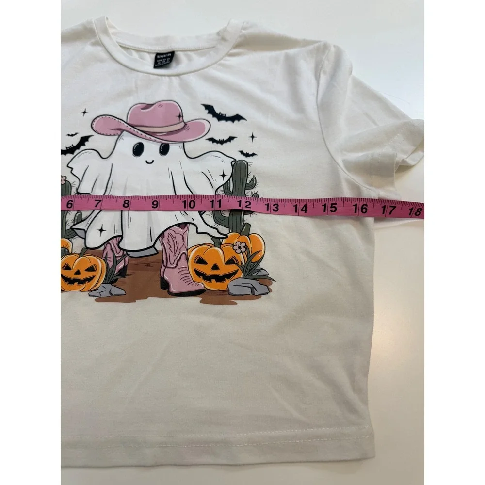 White Halloween Cowboy Ghost Crop Top Tee Pink Hat Boots Size M US‎ 6